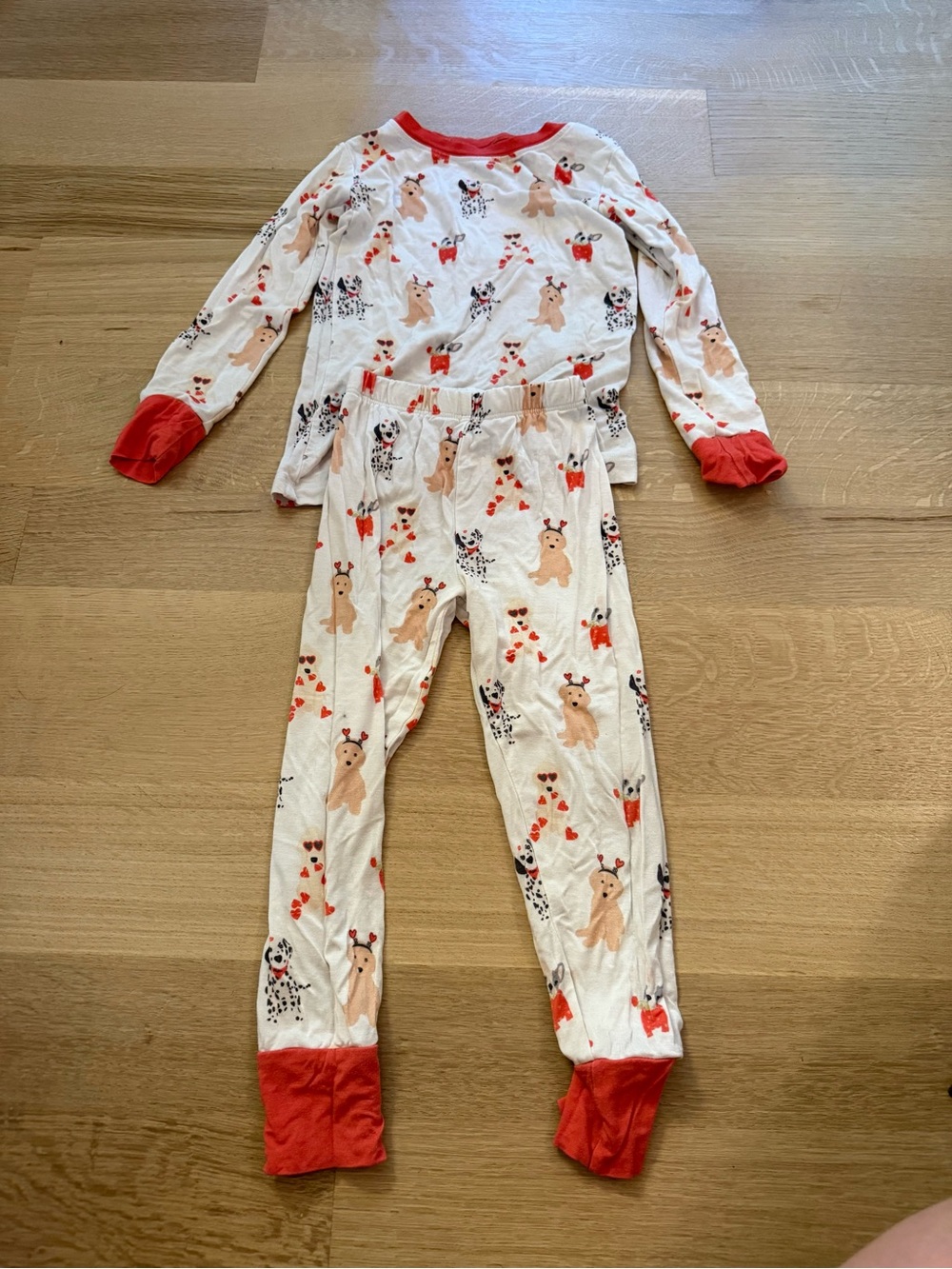 Kids Cream Animal-Print Pajama Set with Red Trim